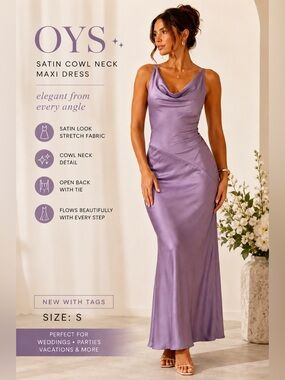 OYS Lavender Satin Cowl Neck Open Back Maxi Dress NWT S